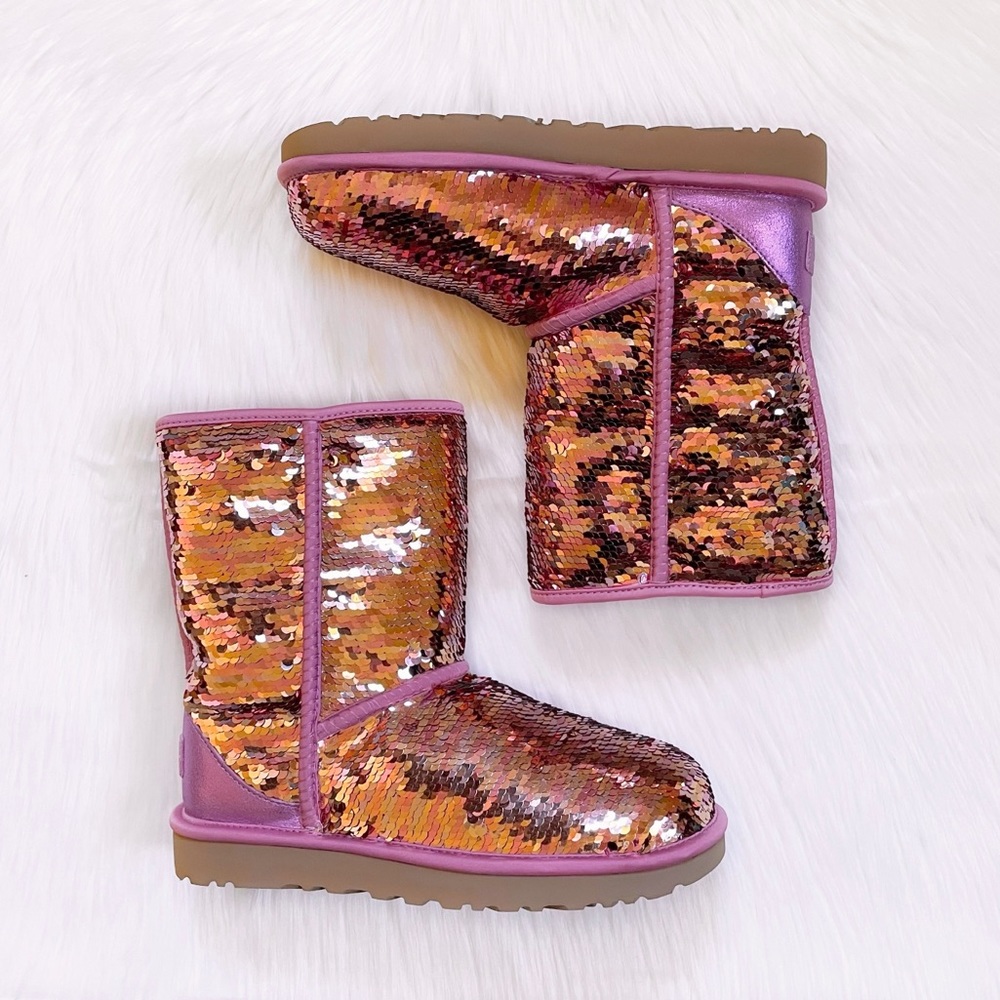 UGG Women’s Classic Short Sequin Pink Boots - Picture 7 of 8